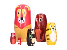 Conjunto de 6 Bonecas Matryoshka de Madeira com Padrões de Animais | S/MARCA