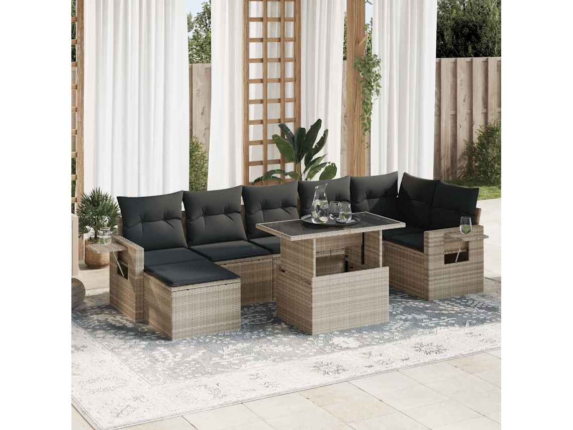 Vidaxl 8 Pcs Conj. Sofás Jardim C/ Almofadões Vime Pe Cinzento-claro
