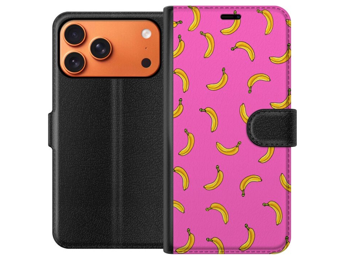 Capa Carteira Compatível Com Apple Iphone 17 Pro Max. Estampa Repetida De Bananas Amarelas Em Fundo Rosa, Um Design Simples E Moderno.