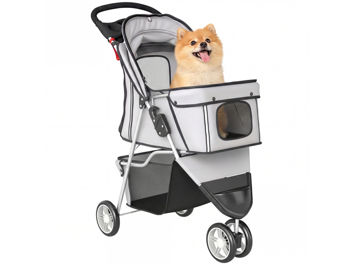 Carrinho 4 Rodas Para Cão, Dobrável Com Dossel Ajustável E Cesto Arrumação, 77x44x102cm, Cinza