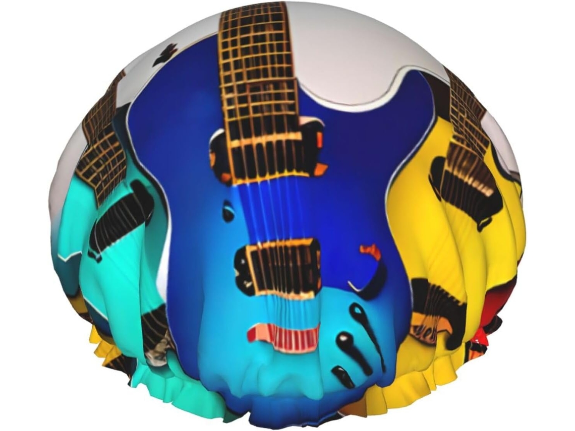 Touca De Banho Grande Para Homens E Mulheres – Dupla Camada Com Estampa Colorida Guitarra, Touca De Banho E Item