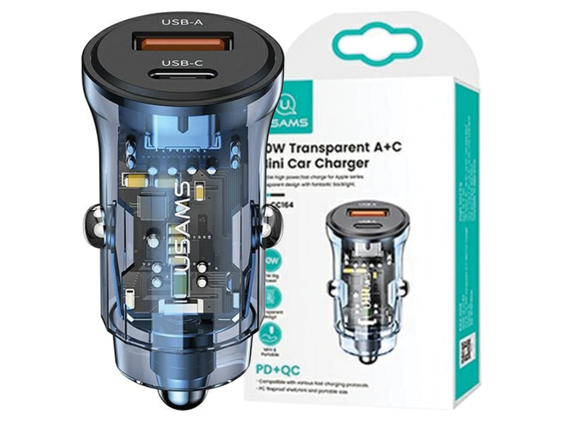 Carregador De Carro Usams 30w 1xusb 1xusb-c Para Iphone 11 Carregador Rápido