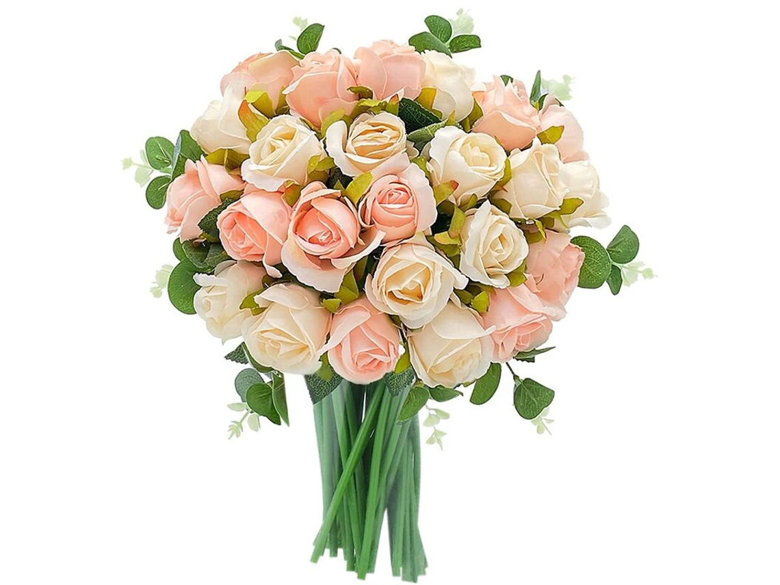 Buquê de Rosas Artificiais com 24 Cabeças e Hastes de Folhas de Eucalipto para Casamento AQUAFORGE (em Grande Quantidade)
