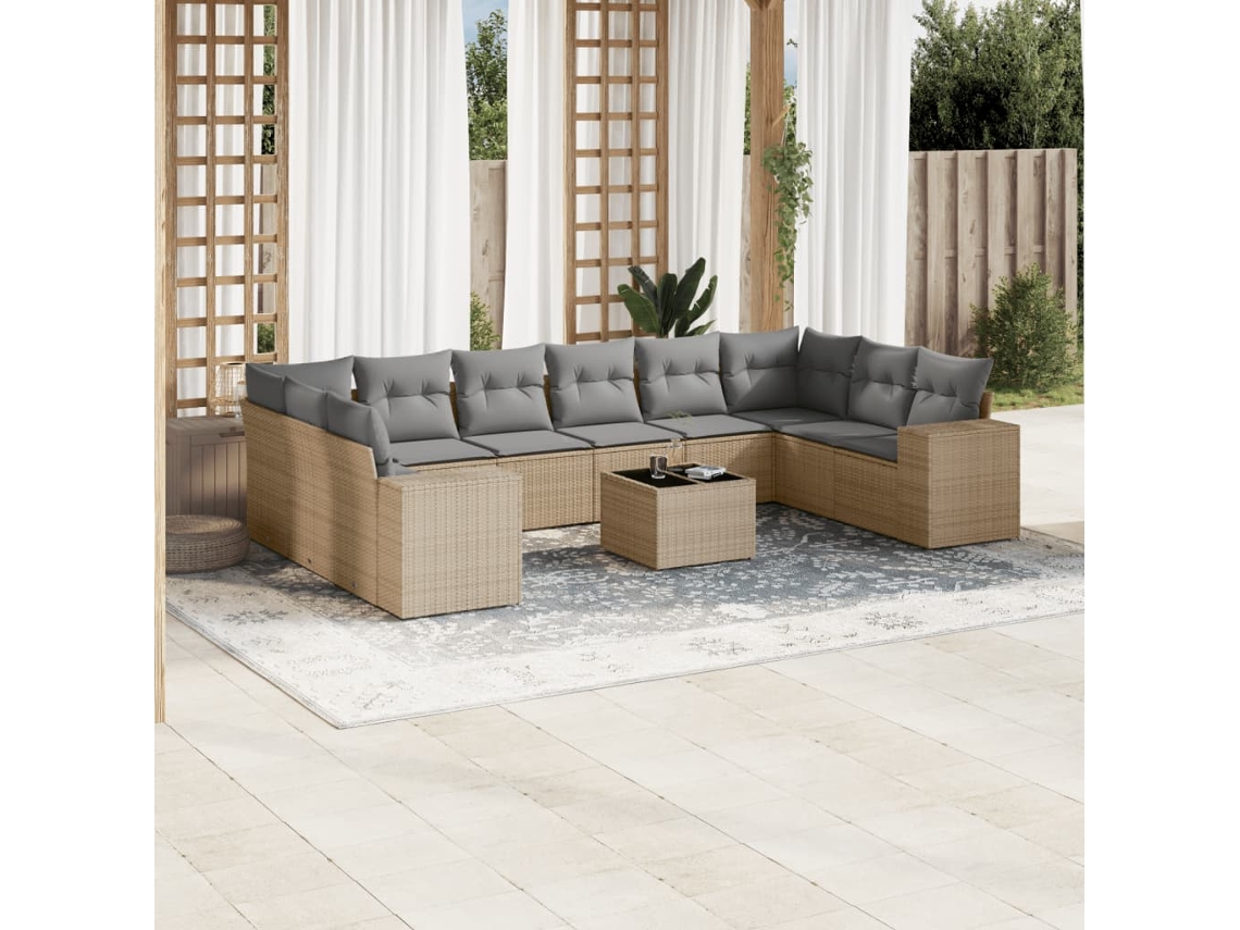 Vidaxl 11 Pcs Conjunto Sofás De Jardim C/ Almofadões Vime Pe Bege