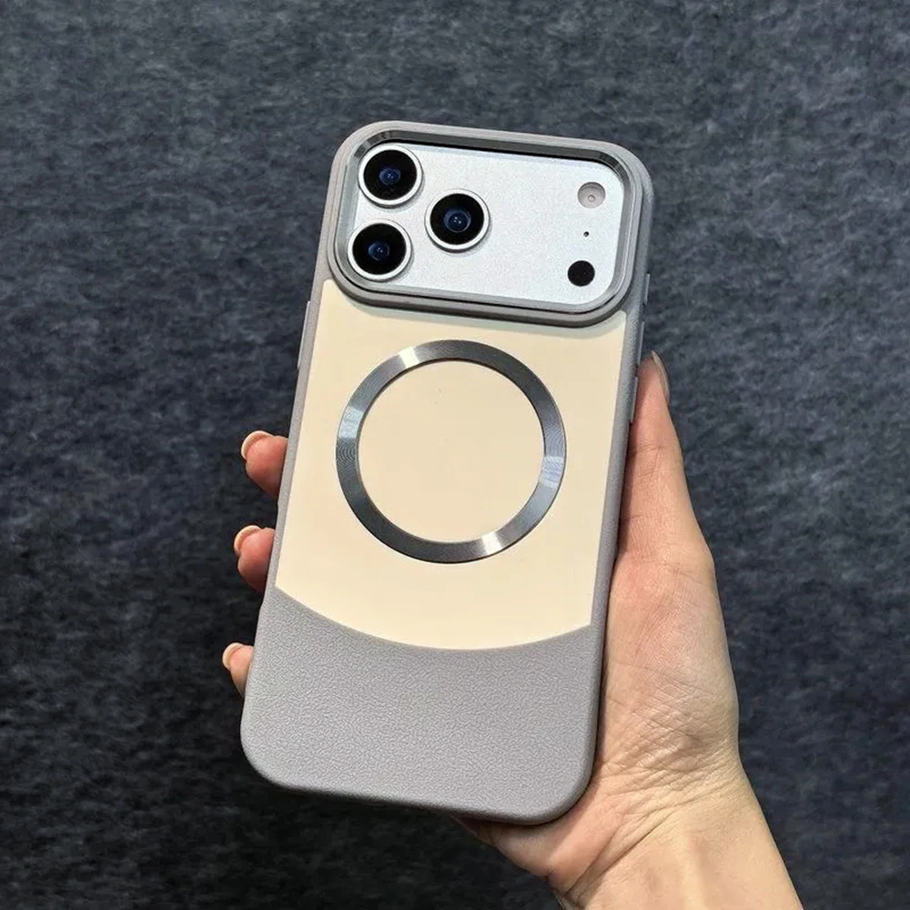 Capa Protetora Magnética (para Iphone 12 Pro Branco), Acabamento Em Patchwork De Couro, Capa Rígida Fosca.