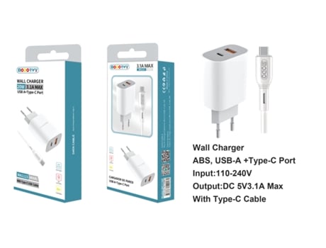 Carregador Com Duas Entradas Usb 2.0 + Type-C MODORWY Ma1115 (Branco)
