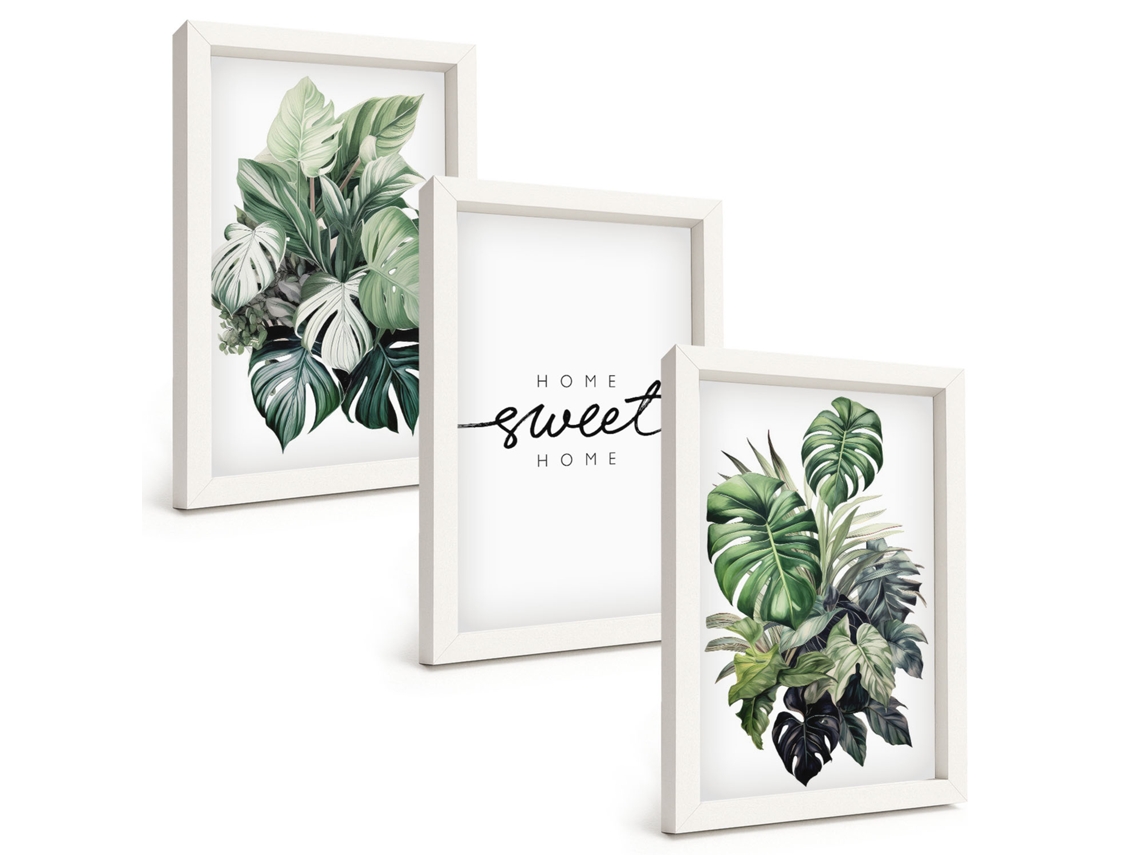 Galeria De Pinturas Na Parede Plantas Com As Palavras "doce Lar" Moldura Branca Quadros Para O Escritório Espelharte (3 Peças 20x30 Cm)