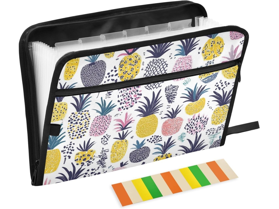 Pasta Organizadora De Papel Com Estampa Abacaxi Em Desenho Animado, 13-bolsos Tamanho A4 Com Fecho De Zíper