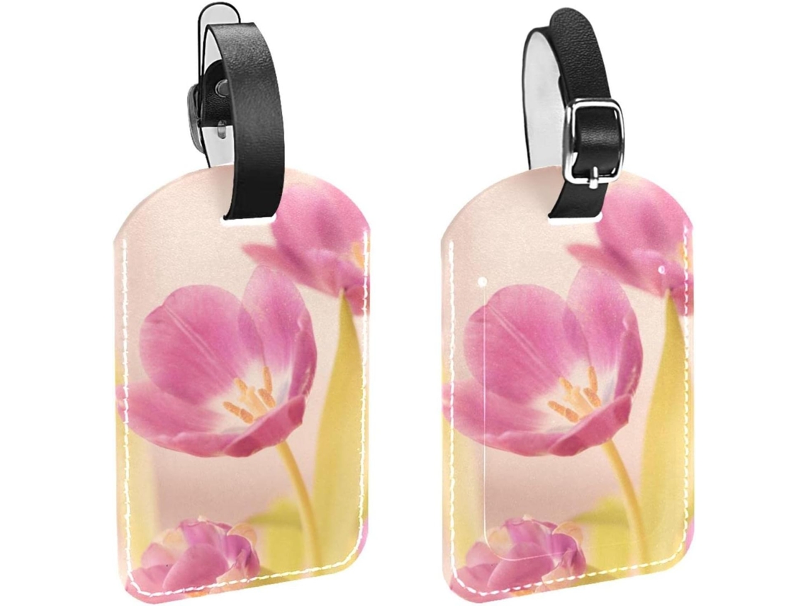 Conjunto De 2 Etiquetas Bagagem Em Imitação Couro Com Pétalas Tulipa Rosa