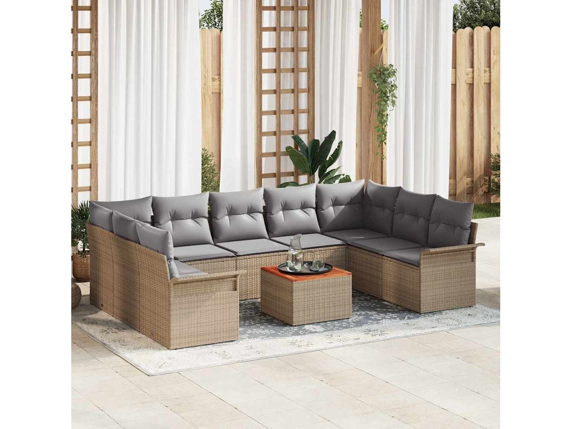 Vidaxl Conjunto De Sofá De Jardim Com Almofada 10 Pcs Bege Vime Pe