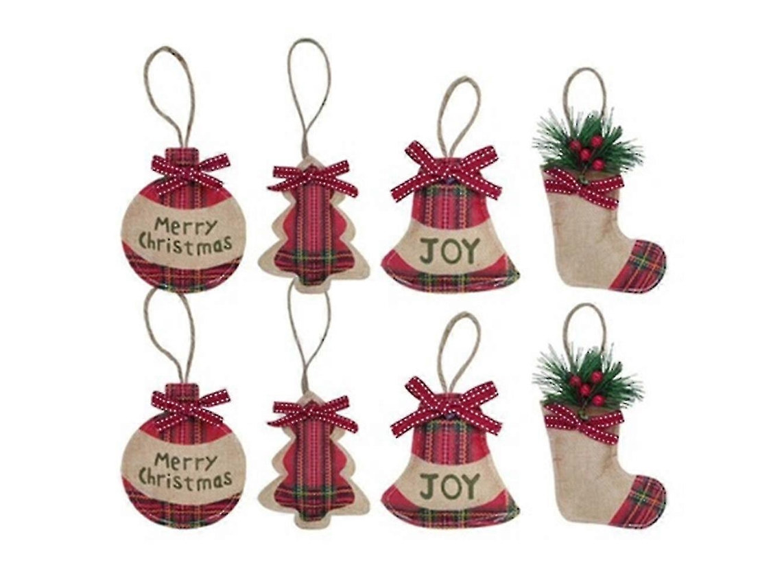 Conjunto De 8 Enfeites De Natal Pendurados Em Feltro Feitos À Mão Com Grade Vermelha E Preta. Loja Olysi