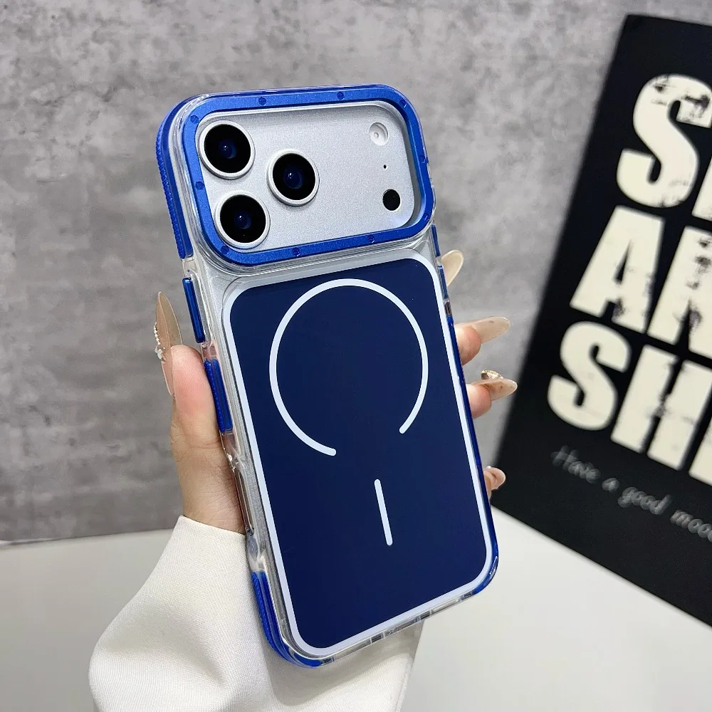 (iphone 16 Plus, Azul) Capa Transparente Com Moldura E Tampa Traseira Magnética Magsafe.