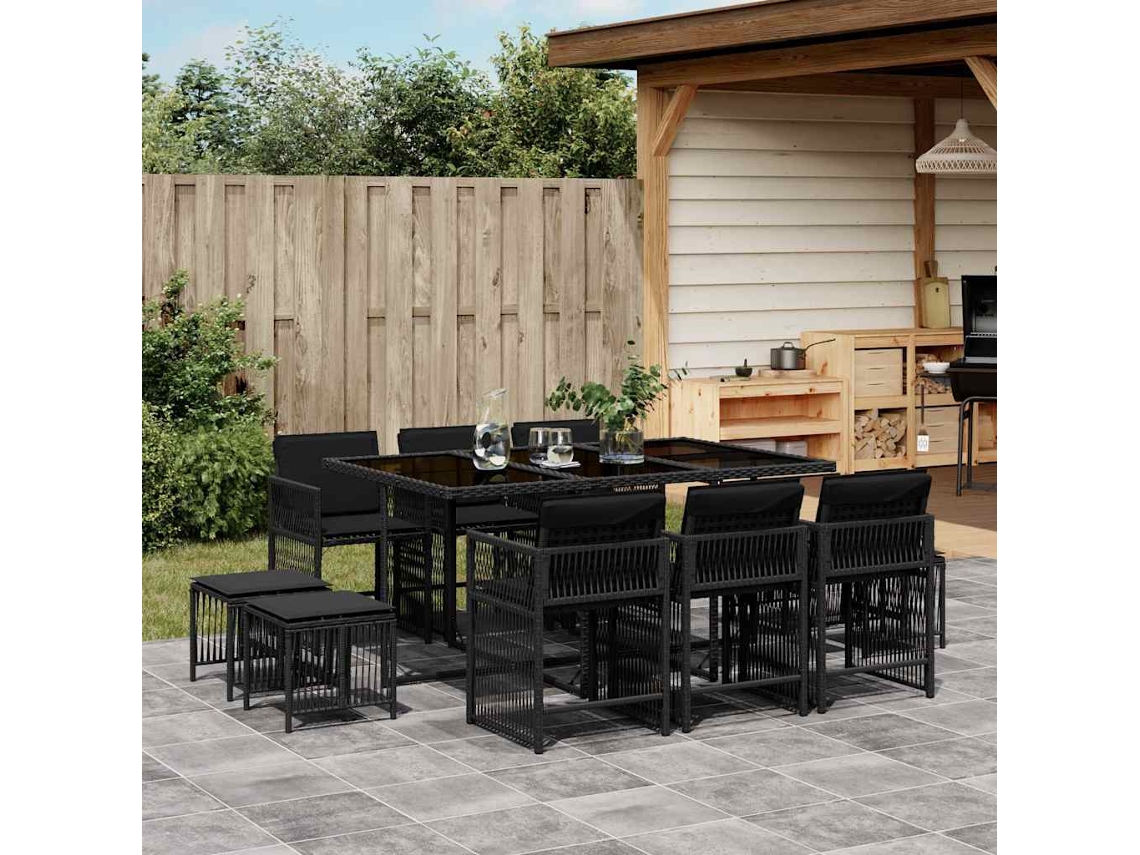 Vidaxl 11 Pcs Conjunto De Jantar P/ Jardim C/ Almofadões Vime Pe Preto