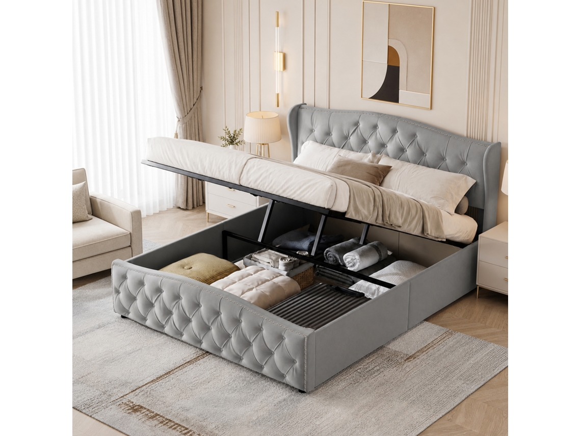 Cama De Casal Estofada 140x190cm Com Espaço De Arrumação, Cama Hidráulica Com Base De Ripas E Cabeceira Almofadada, Veludo, Cinzento, Simurq