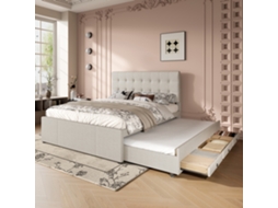 Cama Estofada 140x200cm Com Cama Extra 90x190cm Em Tecido De Linho Com 3 Gavetas E Estrado De Ripas Bege Mobrio