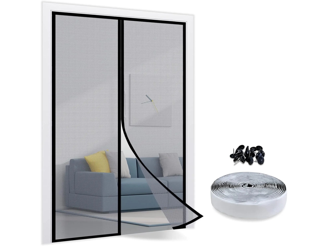 Cortina Porta Magnética - Cortina Mosquiteira - Sem Furos - Fecho Automático - 100x210 Cm - Poliéster - Preto