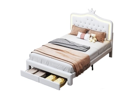 Cama Infantil Estofada 140x200cm, Para Menina, Com Cabeceira Ajustável Em Led, Estrutura De Cama Individual Com Estrado De Ripas E Gavetas Mexus