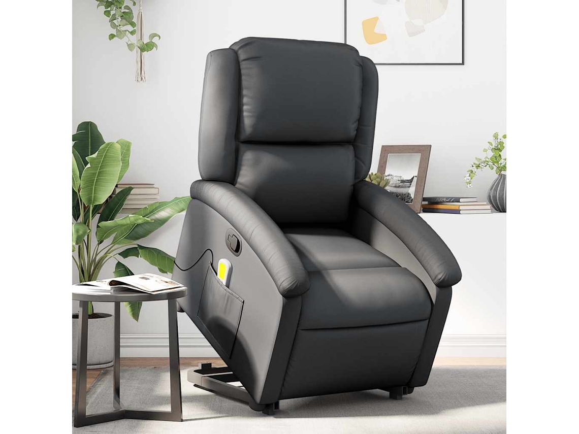 Vidaxl Poltrona Massagens Reclinável Elevatória Couro Genuíno Preto