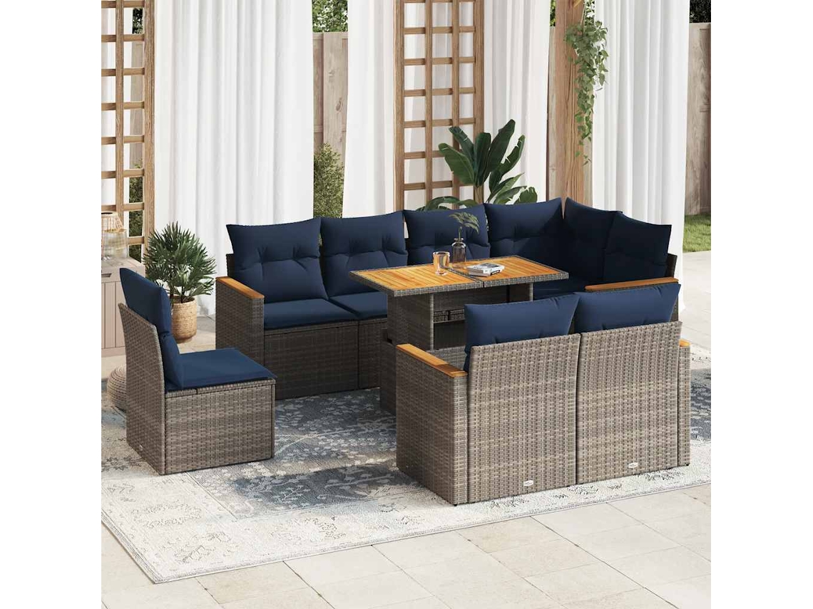 Vidaxl 9 Pcs Conjunto Sofás P/ Jardim Com Almofadões Vime Pe Cinzento