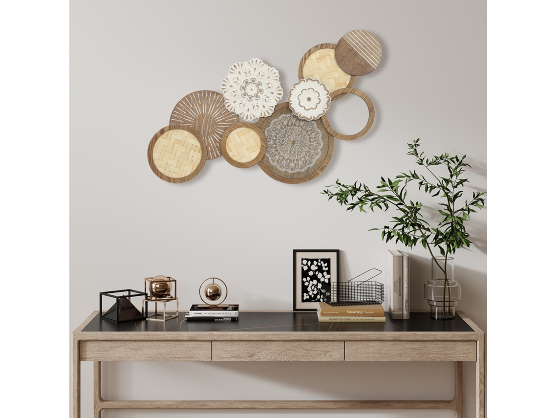 Decoração De Parede Em Madeira, Escultura De Parede Em Madeira, Design Exclusivo Com Vários Discos, 83,8 X 44,5 Cm, Madeira Natural.