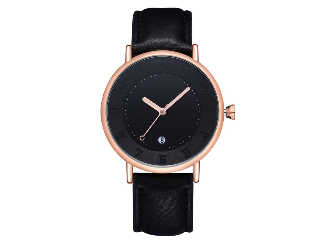 Relógio masculino Tomi Fashion Business, mostrador redondo, pulseira de PU, movimento de quartzo, nas cores ouro rosa e preto.