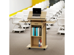 Suporte De Pódio Com Rodas, Púlpito Com Abas Laterais Rebatíveis, Mesa Para Notebook Com Gaveta E Prateleiras, Acabamento Em Carvalho. Sini Tech Store