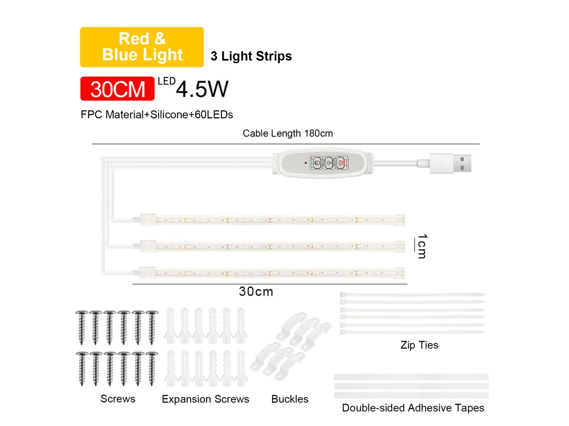 Rebe-tiras De Luz Led Para Plantas Interiores, Luz De Crecimiento Rojo Azul Com 4 Niveles De Brilho E Temporizador Inteligente Usb