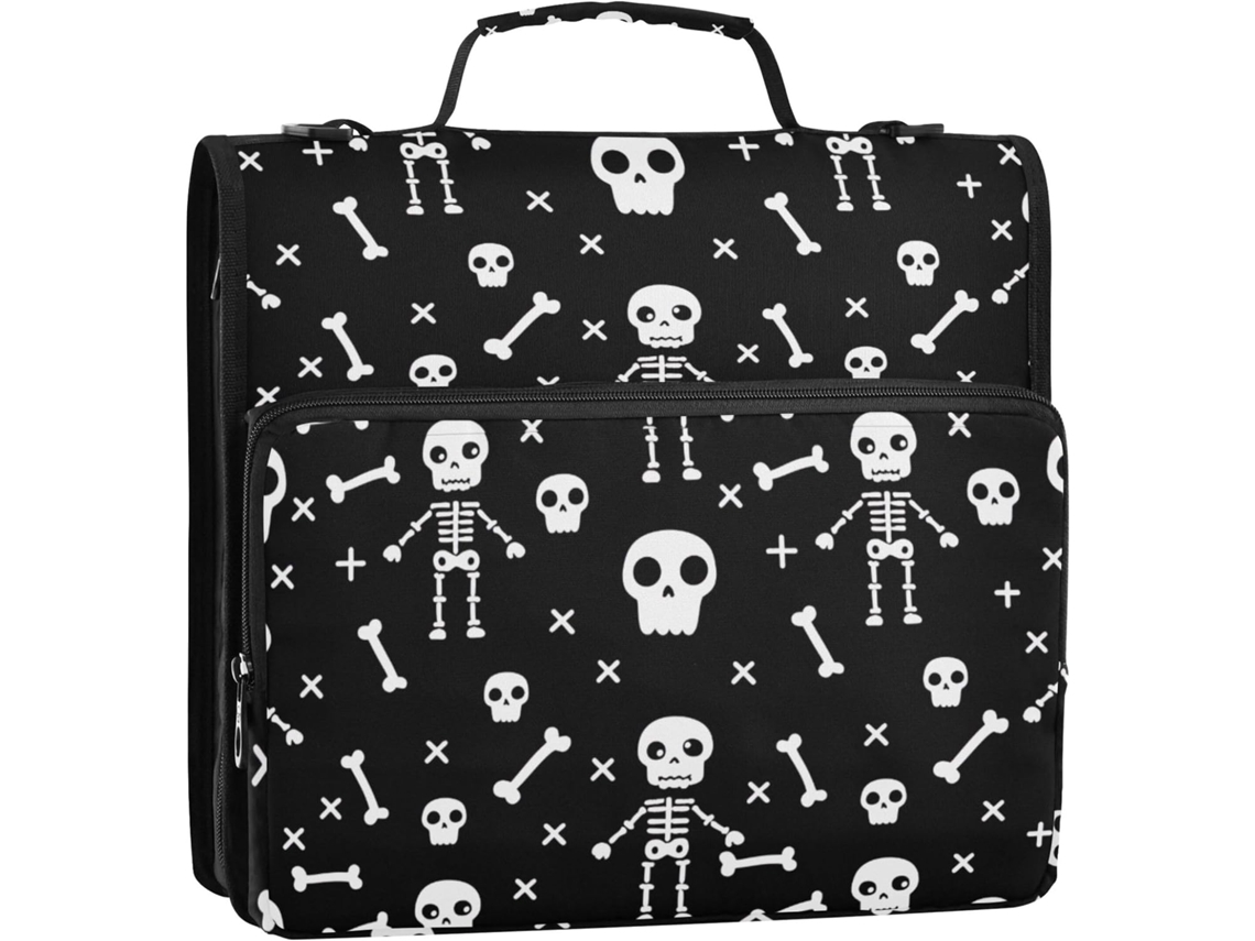 Pasta Organizadora Com Zíper, Estampa De Esqueleto Desenho Animado Halloween, 3 Argolas, 3, 8cm De Diâmetro, Alça De