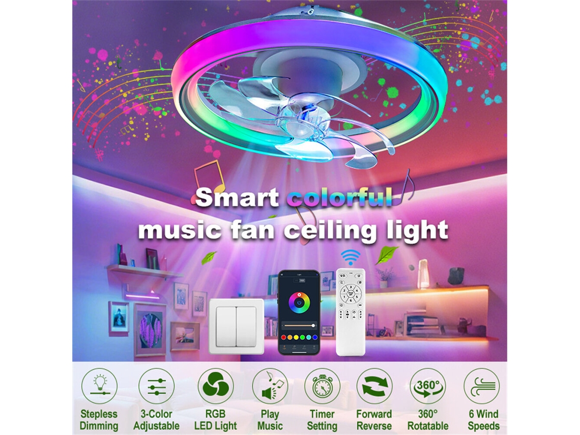 Branco-[eu Direct] Elfeland 90w 48cm Led Rgb Ventilador De Teto Inteligente Com Alto-falante Integrado Sincronização Musical Rotação 360° Ventilador Si