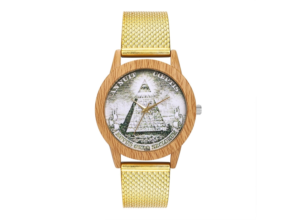Relógio de pulso unissex de quartzo com pulseira de malha elegante e mostrador redondo dourado.