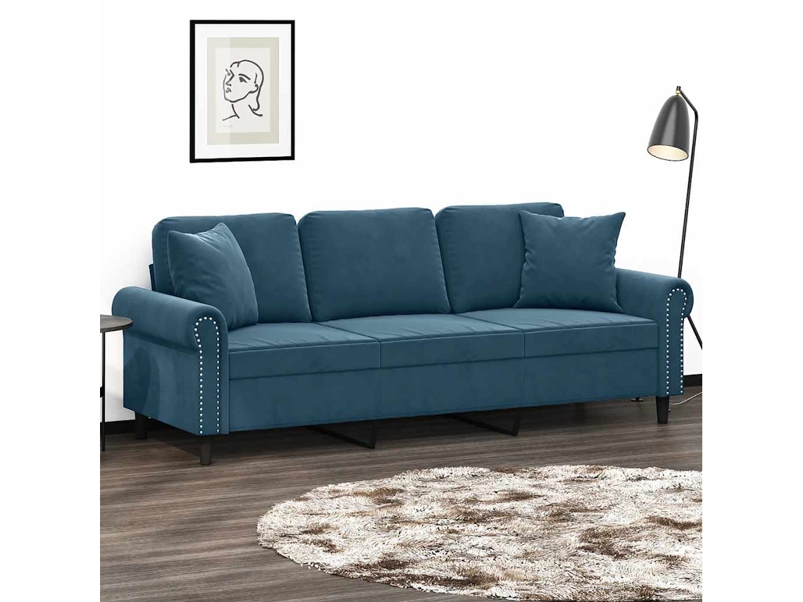 Vidaxl Sofá 3 Lugares C/ Almofadas Decorativas 180 Cm Veludo Azul