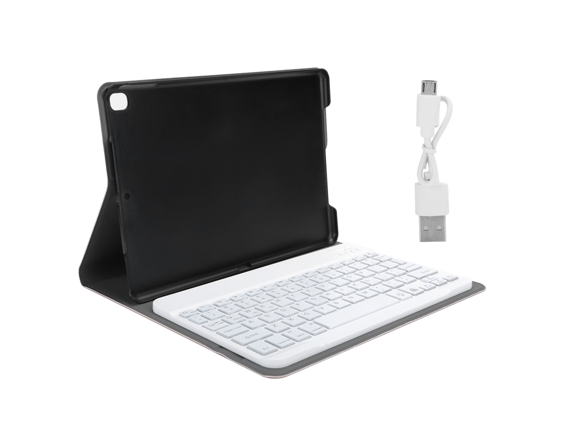 Capa de couro removível com teclado para tablet e compartimento para caneta, acessório de computador em ouro rosa claro.