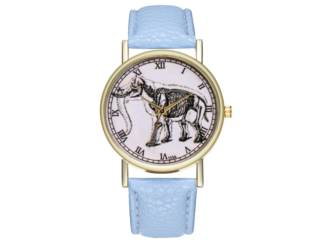 Reloj De Cuero Pu Con Patrón De Elefante Unisex Azul Claro Quartz