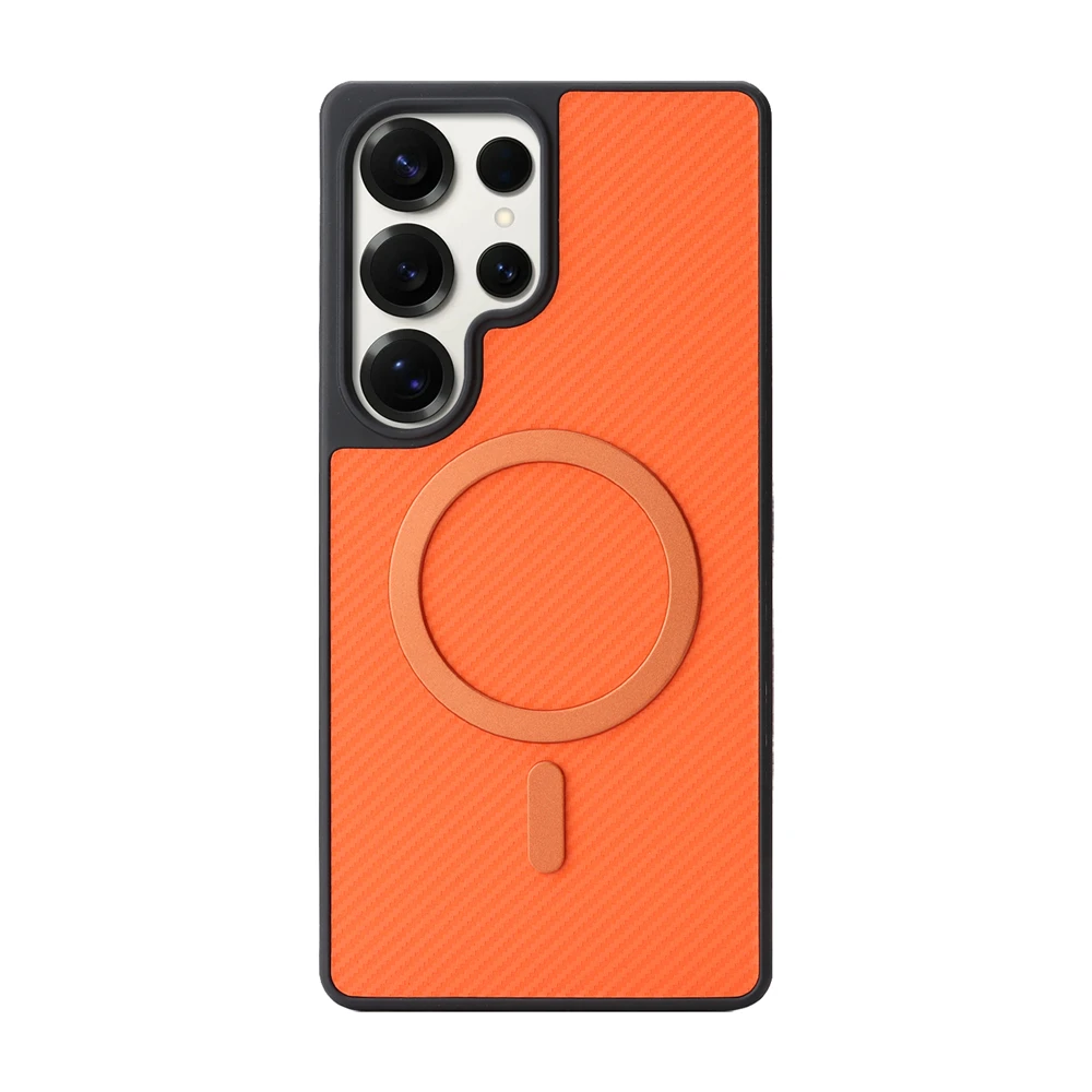 Capa Magnética Para Celular (laranja Galaxy S25 Ultra) Para Uso Profissional Em Couro Com Fibra De Carbono, Compatível Com Conexão Magnética.