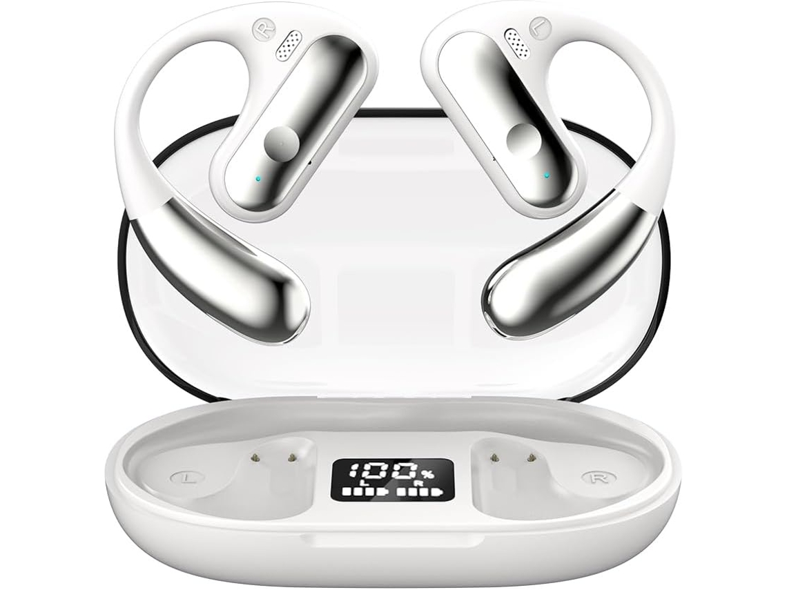 Fones Condução Ar Orelha Aberta Sem Fio JIAPEI 5.3, Confortável, Gancho Ergonômico, Som Balanceado, Estojo Digital, 40h, Branco