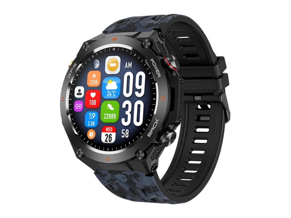 Pulseira inteligente (preta camuflada) com pulseira de tecido colorido de 3,7 cm (1,45 polegadas), compatível com chamadas Bluetooth e monitoramento de saúde.