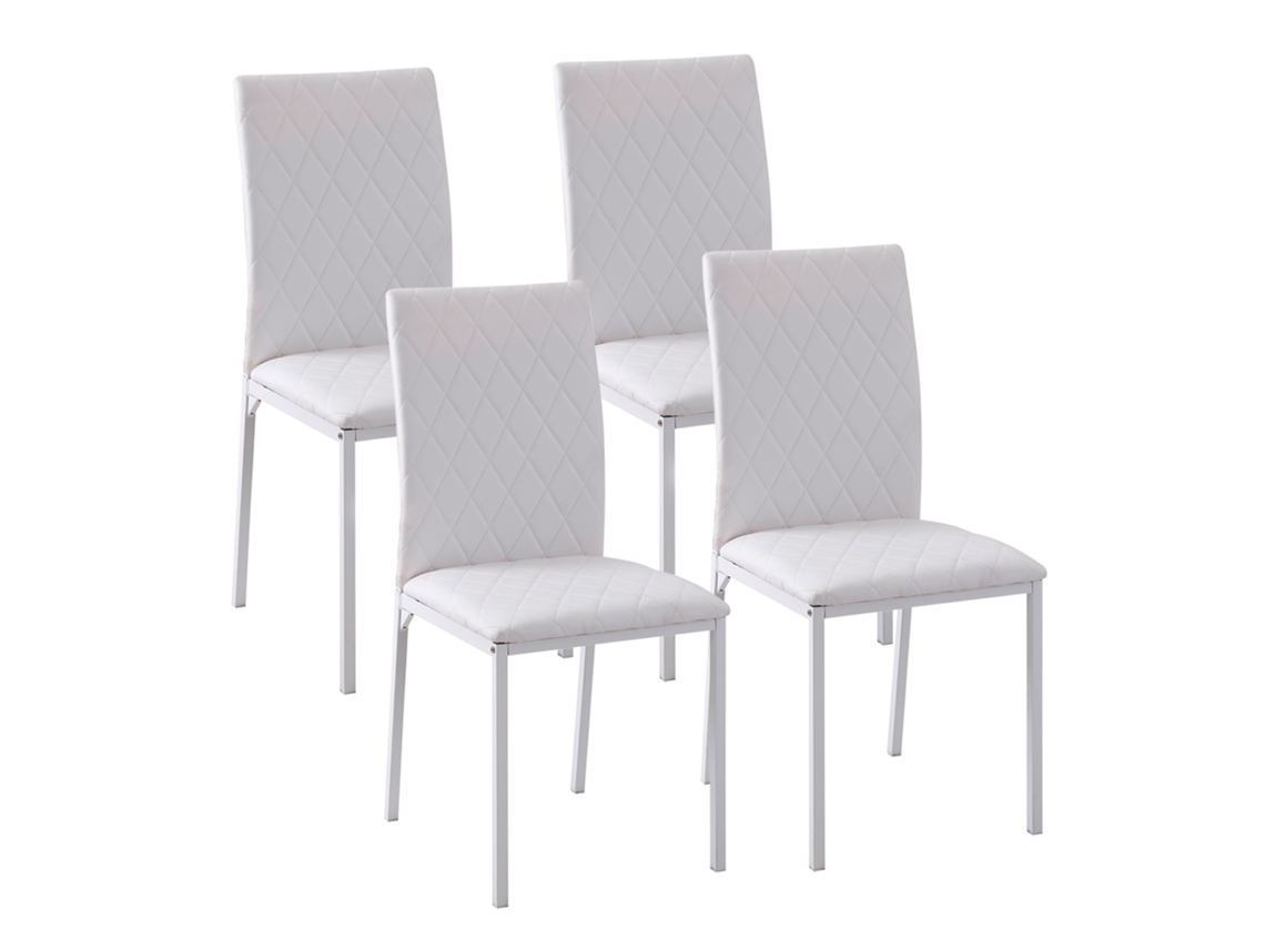 Conjunto 4 Cadeiras De Jantar Estofadas Em Couro Sintético, Com Encosto E Apoio Para Os Pés, Pés De Metal, Para Cozinha E Sala, Brancas