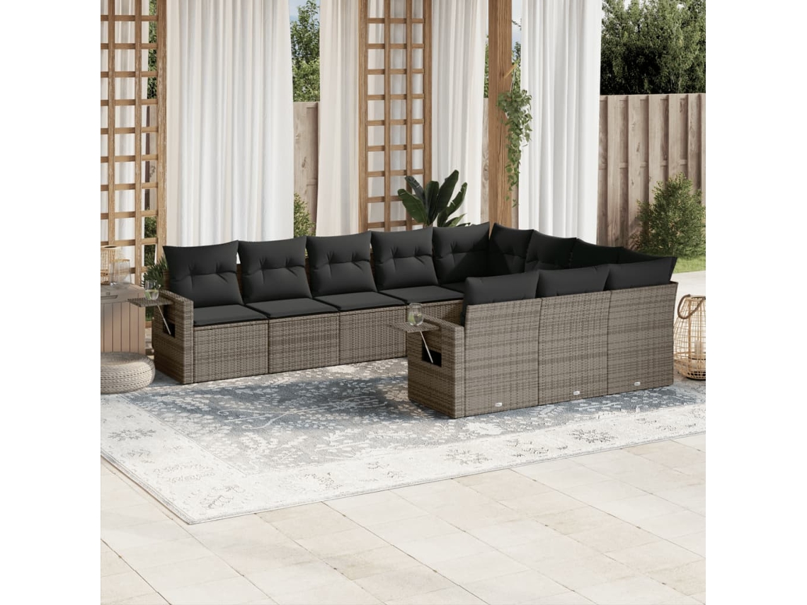 Vidaxl 10 Pcs Conjunto Sofás De Jardim C/ Almofadões Vime Pe Cinzento