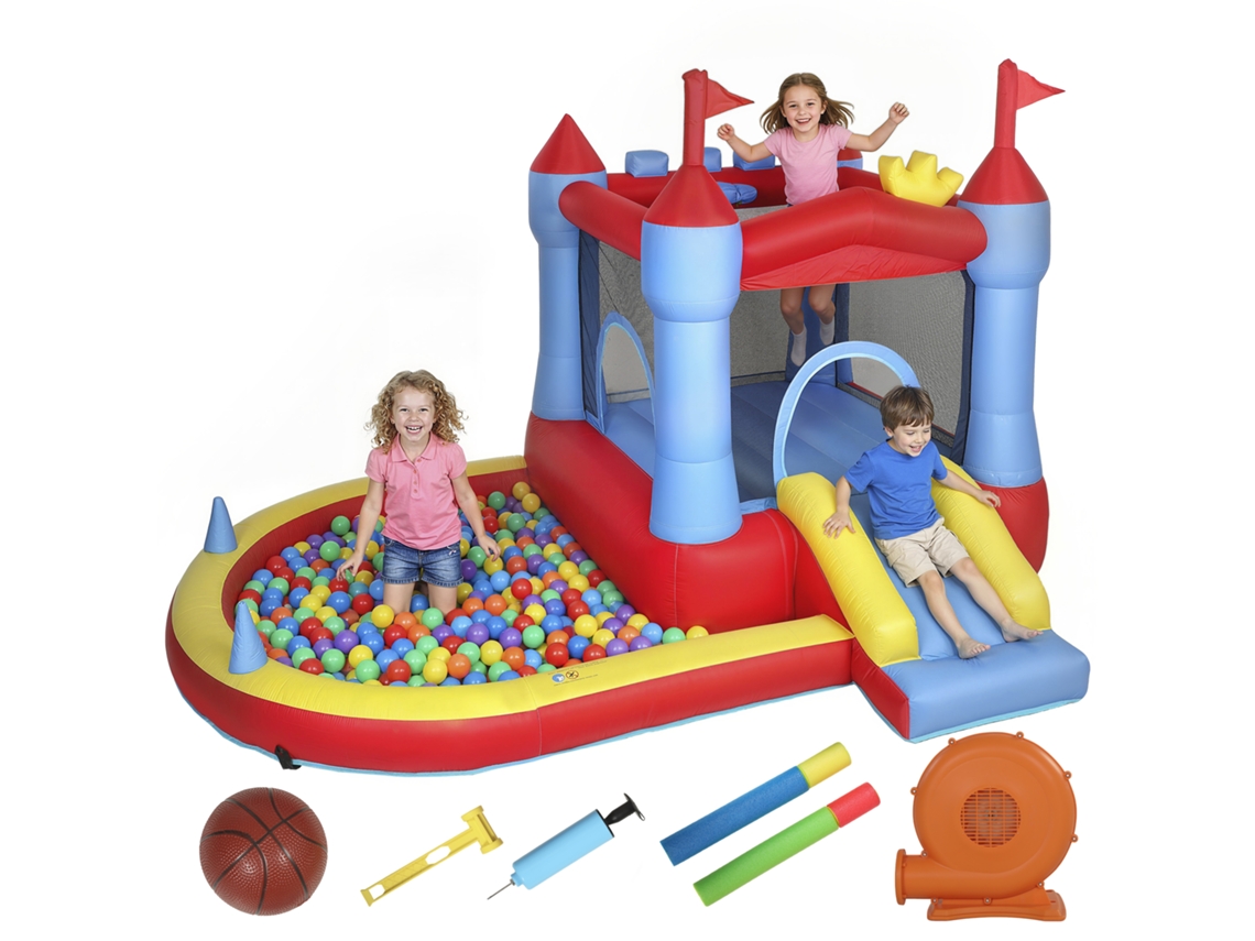 Castelo Inflável Infantil com Escorregador, Piscina de Bolas, Cesto Basquete e Soprador