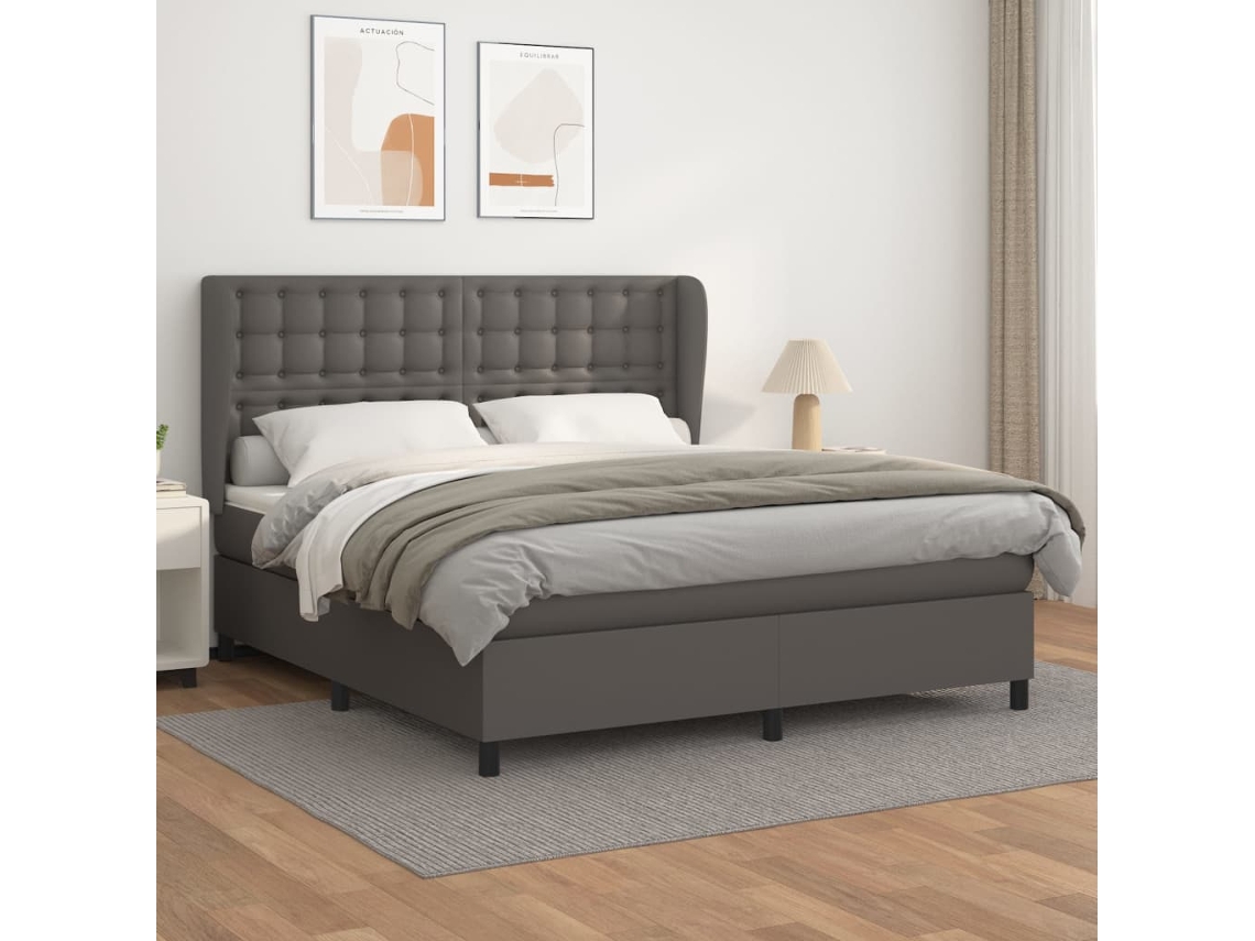Vidaxl Cama Com Molas/colchão 160x200 Cm Couro Artificial Cinzento