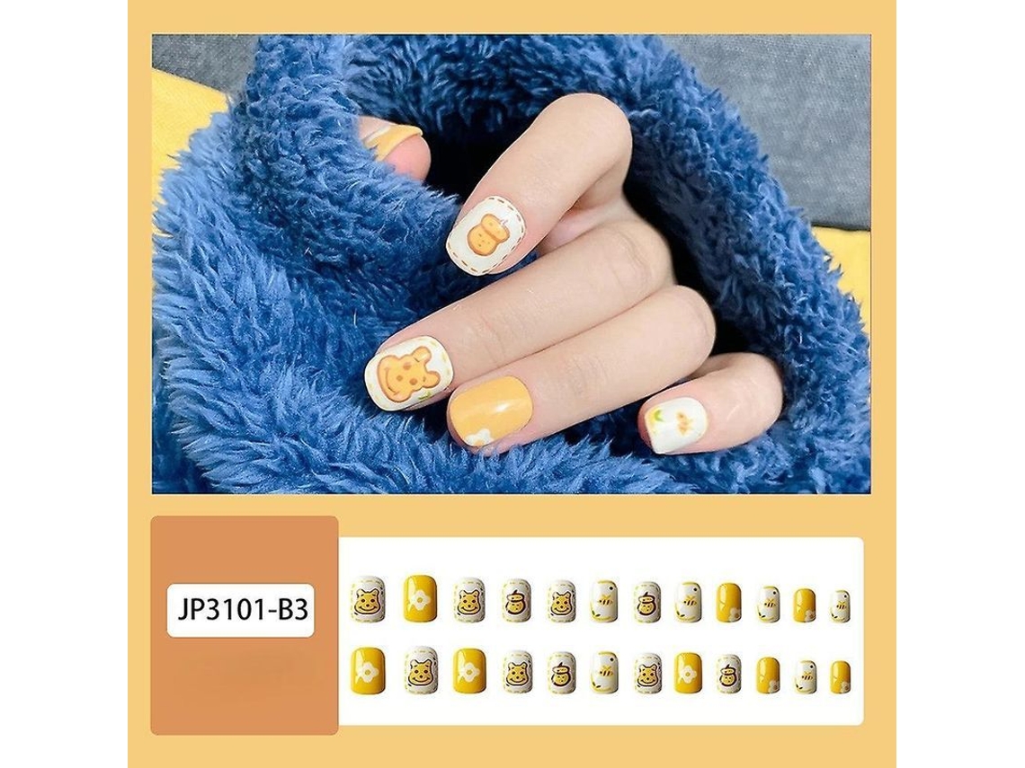 Dedos Artificiais Fake Ursinho Pote de Mel Amarelo Curto Diy Removível para Unhas 24pcs