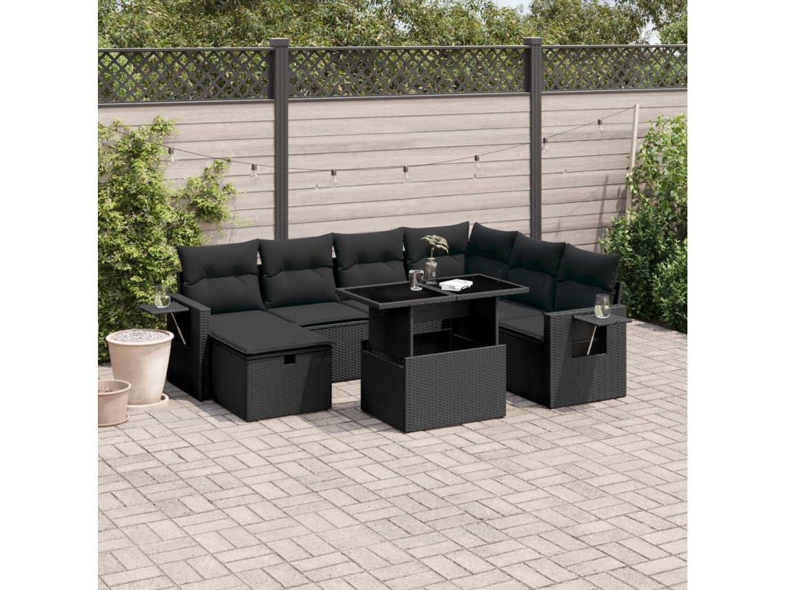 Vidaxl 8 Pcs Conjunto Sofás De Jardim Com Almofadões Vime Pe Preto