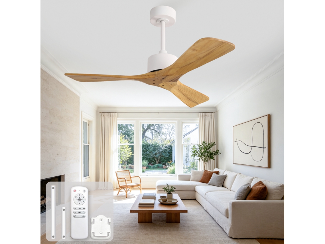 Ventilador De Teto 42 Polegadas Sem Luz, Três Pás De Madeira Natural, Motor Dc Silencioso E Controlo Remoto