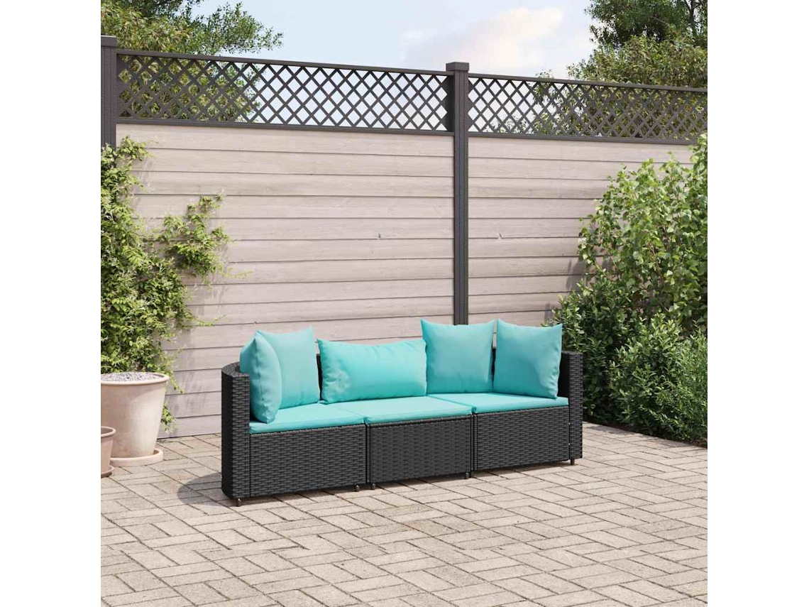 Vidaxl 3 Pcs Conjunto Sofás De Jardim Com Almofadões Vime Pe Preto