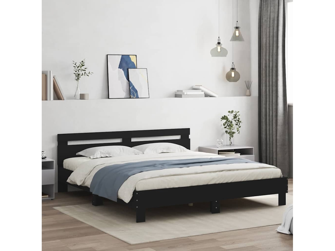 Vidaxl Estrutura Cama C/ Cabeceira 200x200 Cm Derivados Madeira Preto