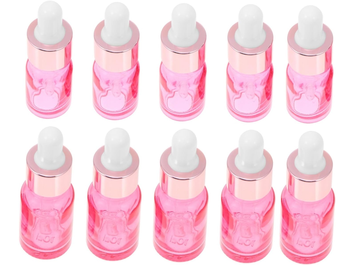 Conjunto De 10 Frascos Conta-gotas De Vidro, 5 Ml E 10 Ml, Rosa, Com Tampas De Borracha E Liga Metálica.