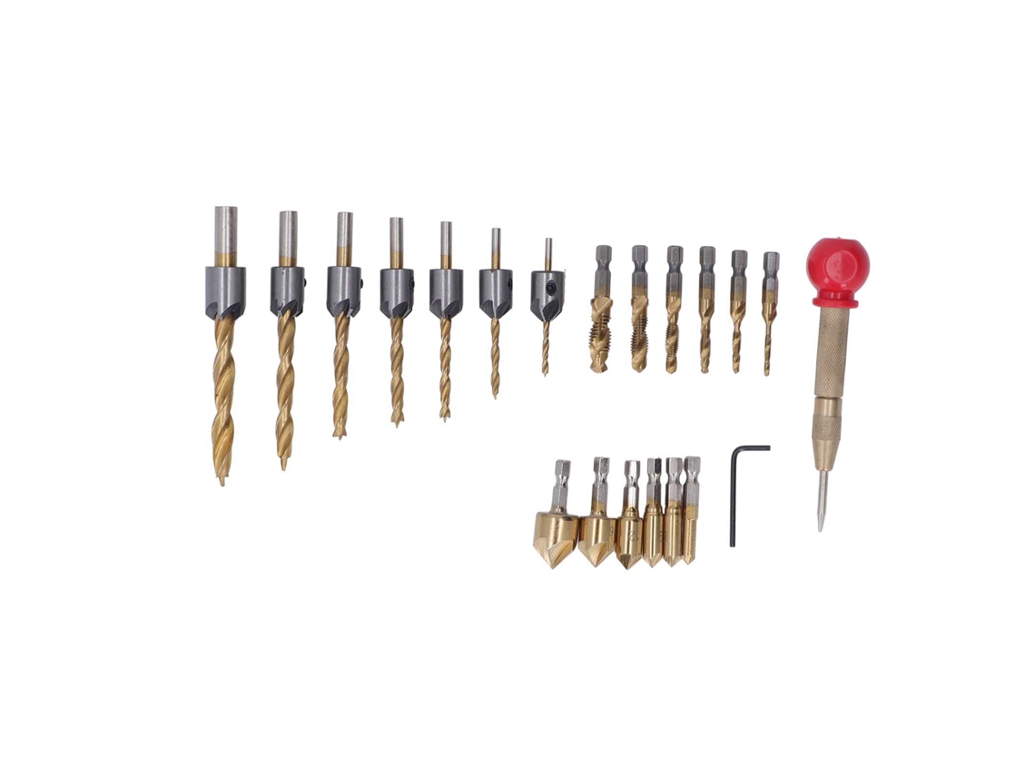 Kit de Brocas de Chanfrado com Punção Central e Chave Hexagonal 20 Peças Revestidas de Titânio Ouro | S/MARCA