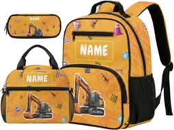Conjunto 3 Mochilas Para Meninos 5 Anos Uma Lancheira Pré-escola, Com Nome Personalizável, Modelo Escavadeira