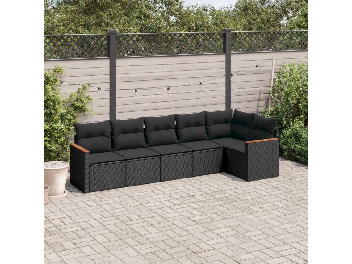 6 Pcs Conjunto Sofás De Jardim C/ Almofadões Vime Pe Preto Dkd Home Decor