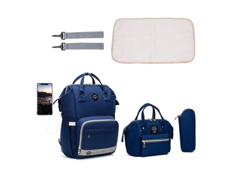 Mochila Para Fraldas Com Muda Fraldas Portátil, Mala De Mão E Bolsa Para Aquecer Biberões Azul Hexinyigjly (conjunto De 3 Peças)